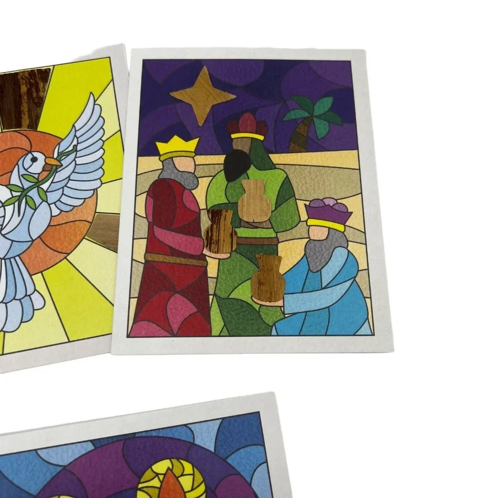NEW Christmas Greeting Cards Religious Banana Bark Stained Glass Textured Set 5